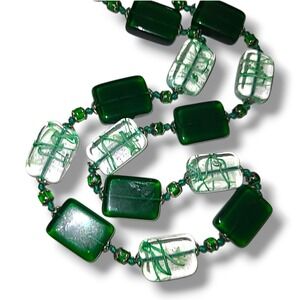 Green Art Glass Necklace Murano Style Foil Swirl Beads Rectangular‎ 20"